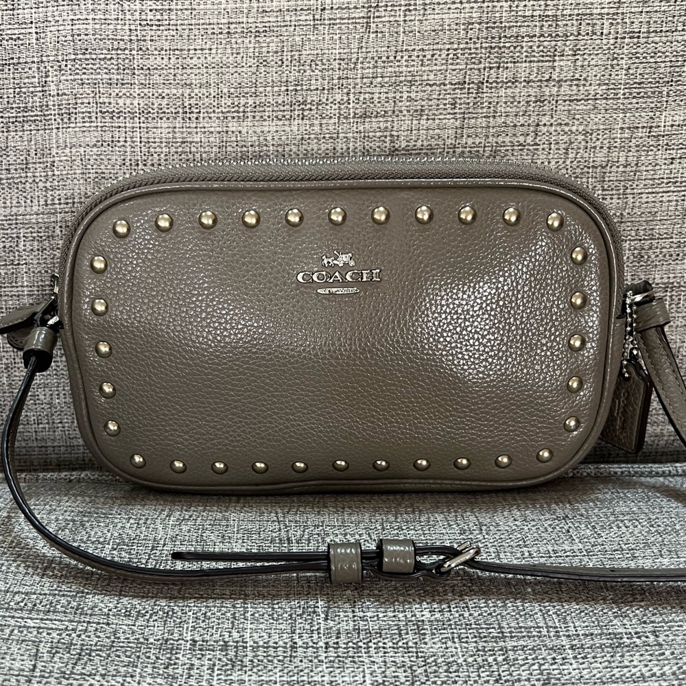 Coach Genuine Leather Two Compartment Silver Rivets Hardware Taupe Crossbody Bag